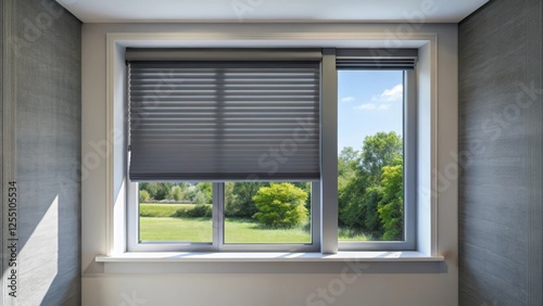 Dark gray roller blind installed on a plastic window in a modern living room with shutters  providing privacy and blockage from outside light and view  dark gray  privacy
