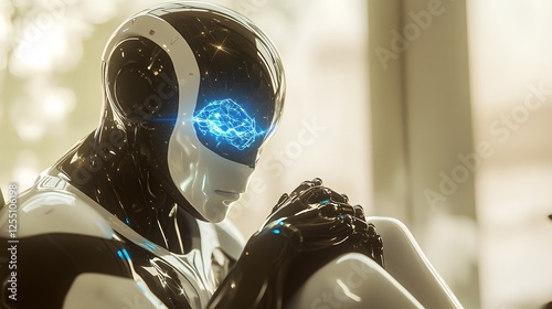 Pensive humanoid robot contemplates with glowing cerebral cortex design