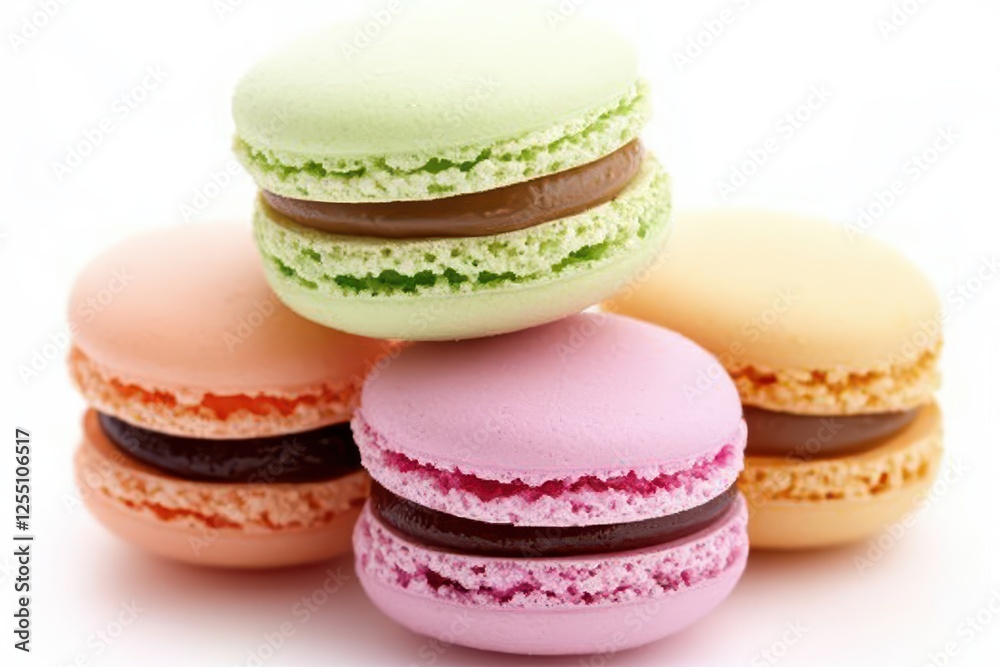 Fototapeta premium Colorful Macarons Stacked on White Surface for Sweet Treats Display