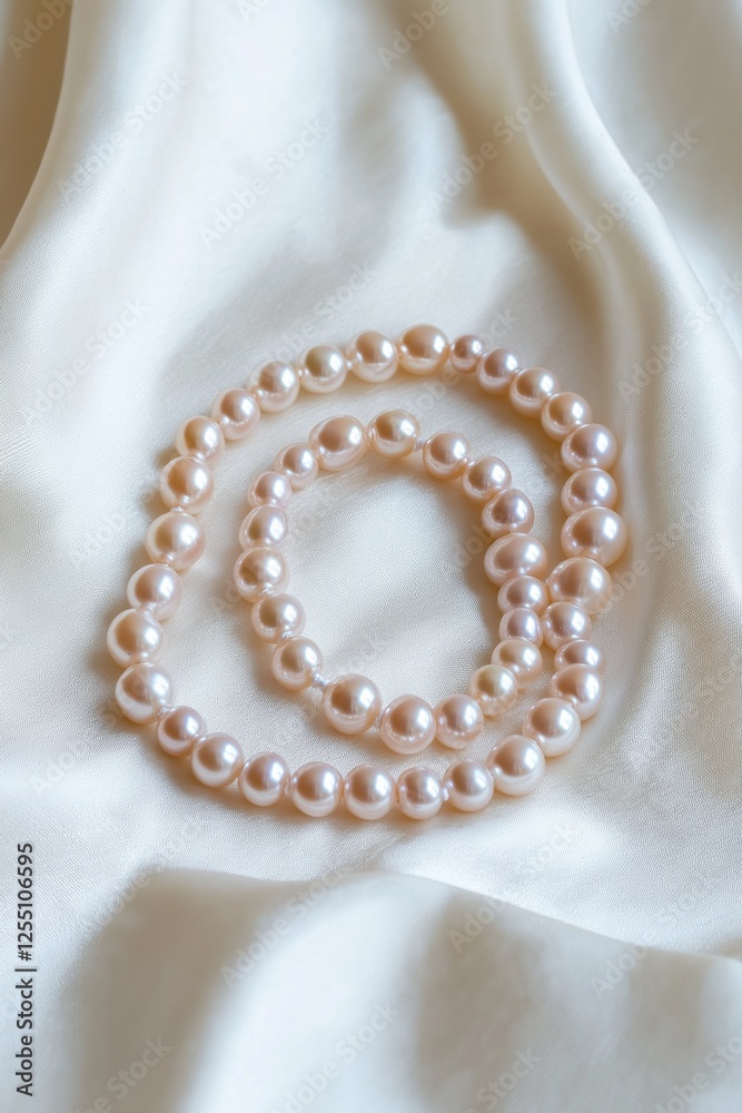 A necklace made of pearls is displayed on a white cloth. The pearls are arranged in a circular pattern, and the necklace is long and thin. Scene is elegant and sophisticated