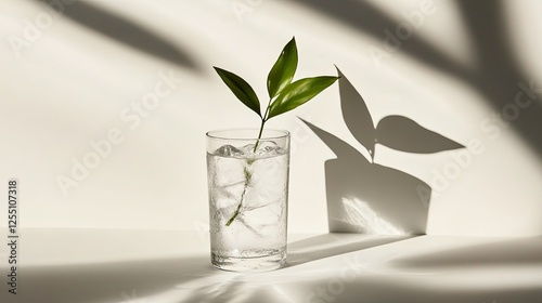 Refreshing glass of sparkling water with ice and green leaves in sunlight