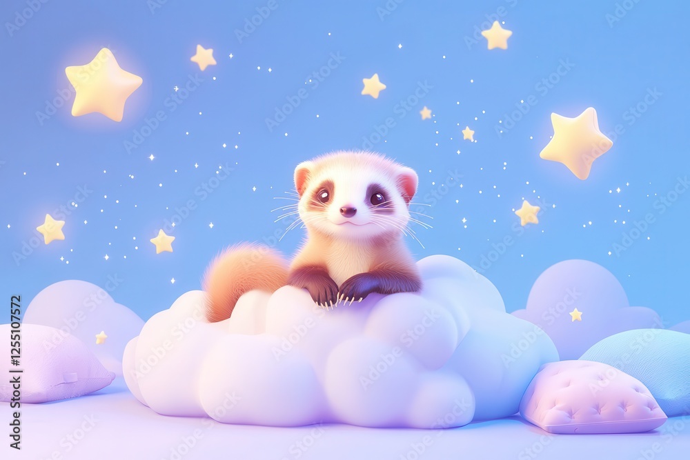 Obraz premium Contented Ferret Snuggles on Fluffy Cloud Surrounded by Stars