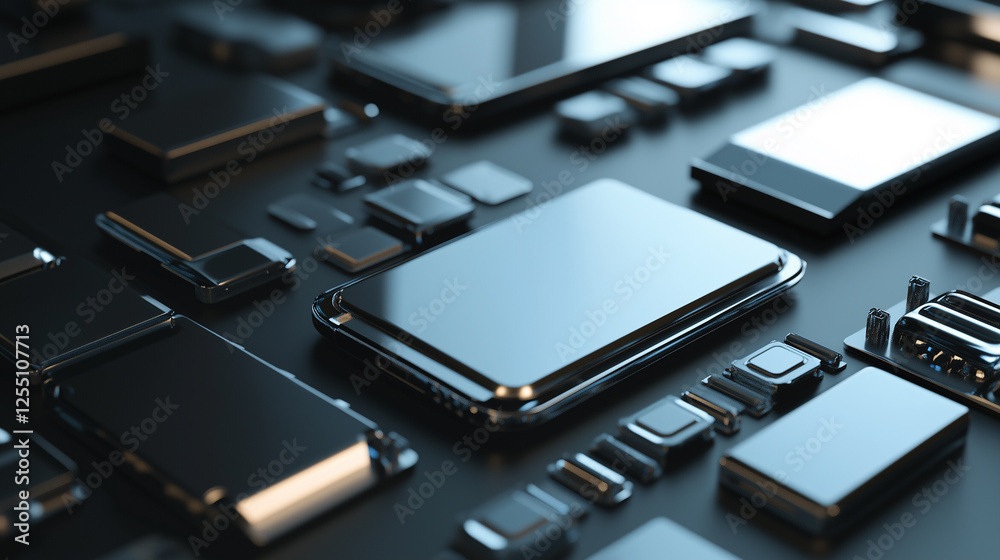 Conceptual image of smartphones, batteries, and microchips emphasizing the use of rare earth metals in technology Conceptual image of smartphones, batteries, and microchips emphasizing the use of rare earth metals in technology