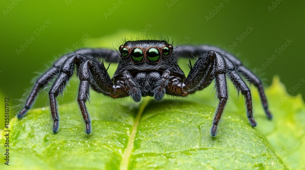 Closeup Black Jumping Spider On Green Leaf