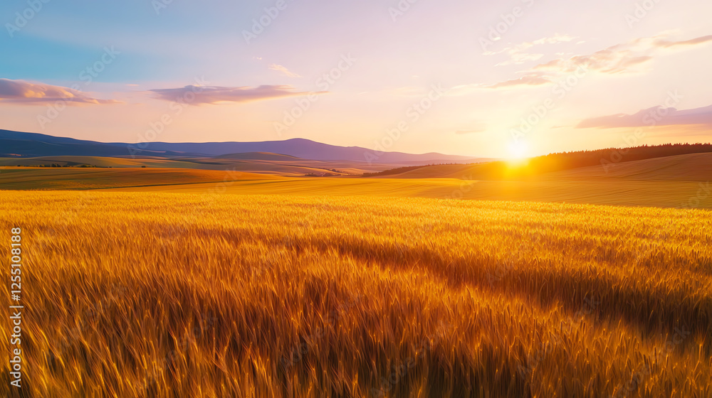 A breathtaking sunset over golden wheat fields, casting warm hues across the landscape, showcasing nature's beauty and tranquility in a serene rural setting. A breathtaking sunset over golden wheat fields, casting warm hues across the landscape, showcasing nature's beauty and tranquility in a serene rural setting.