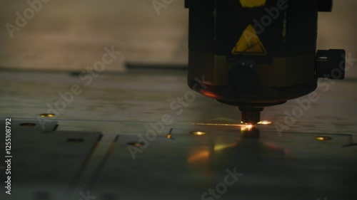Close-up shot of a laser cutting machine precisely slicing through a metal sheet, emitting bright sparks in a modern industrial factory.