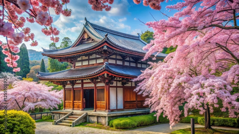 Traditional Japanese temple surrounded by vibrant pink and white cherry blossoms in full bloom amidst lush greenery, serenity, peaceful atmosphere Traditional Japanese temple surrounded by vibrant pink and white cherry blossoms in full bloom amidst lush greenery, serenity, peaceful atmosphere