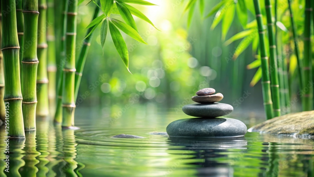 Fototapeta premium Serene Zen stone surrounded by lush greenery and tall bamboo in a tranquil water setting, evoking a sense of balance and harmony in a peaceful spa environment , relaxation, watery