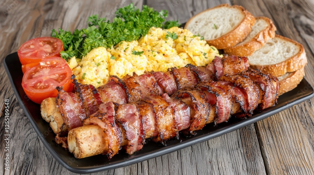 Crispy Bacon Bundles Served with Fluffy Scrambled Eggs on Rustic Wooden Table Crispy Bacon Bundles Served with Fluffy Scrambled Eggs on Rustic Wooden Table