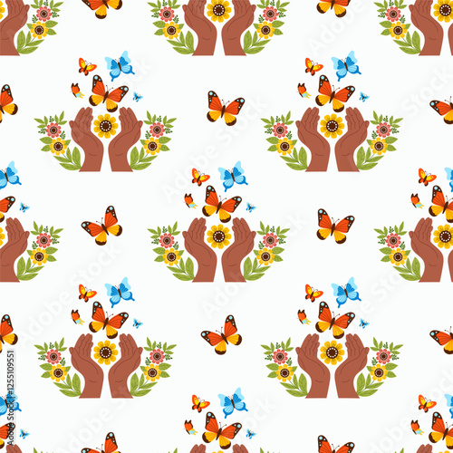 Seamless pattern. Dark-skinned hands with flowers and leaves release colorful butterflies on white background. Vector illustration