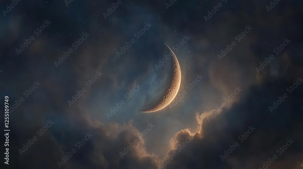 Crescent moon glowing in night sky among dark clouds. Crescent moon glowing in night sky among dark clouds.