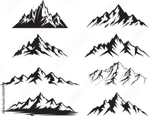 Mountain Silhouettes set in Black and White for Outdoor Themes | mountain silhouette icon vector set for logo | Majestic mountain peak vector illustration | Rocky peaks Mountains ranges
