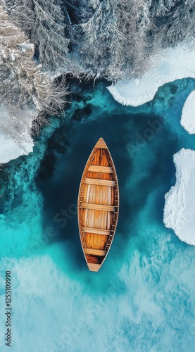 Wooden rowboat on turquoise glacial lake, winter.