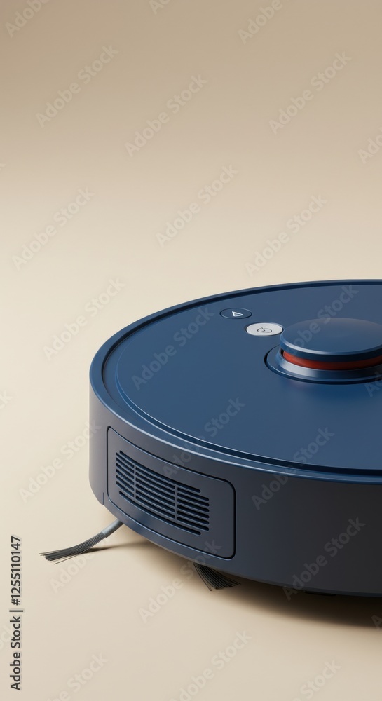 Fototapeta premium Modern blue robotic vacuum cleaner on minimalist beige background