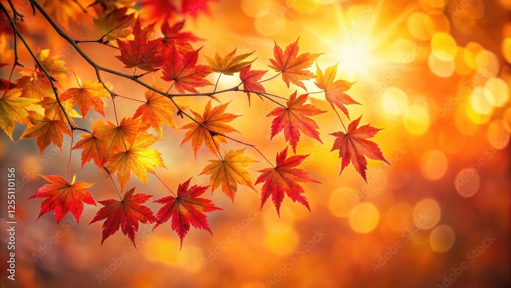 Soft focus autumnal maple branch with vibrant red and yellow leaves against a warm, gradient sky , golden hour, image Soft focus autumnal maple branch with vibrant red and yellow leaves against a warm, gradient sky , golden hour, image