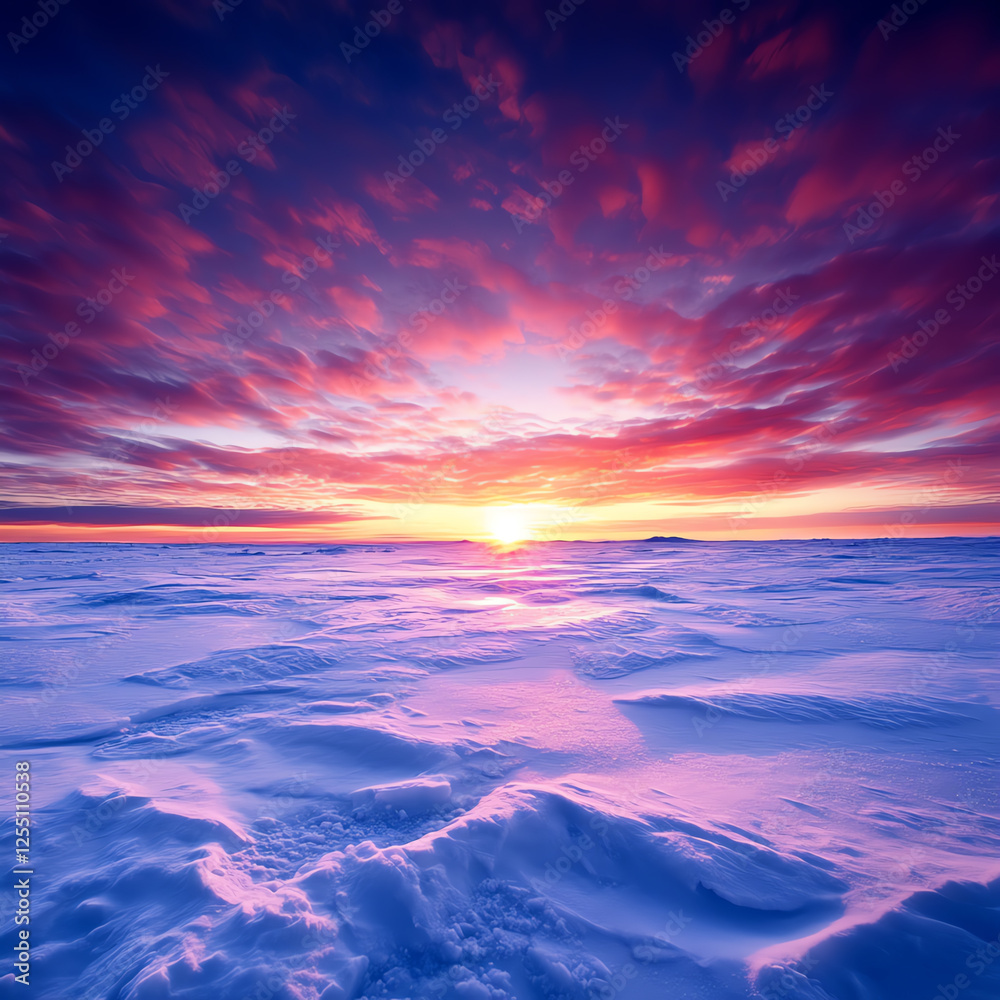 A breathtaking winter landscape showcasing a vibrant sunset over a snow-covered horizon. The mix of purple, pink, and orange hues illuminates the serene, frosty terrain. A breathtaking winter landscape showcasing a vibrant sunset over a snow-covered horizon. The mix of purple, pink, and orange hues illuminates the serene, frosty terrain.