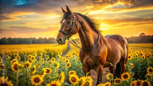 A majestic bay horse stands calmly in a field surrounded by tall sunflowers, its elegant bridle gleaming in the warm sunlight , equine, sunflower field