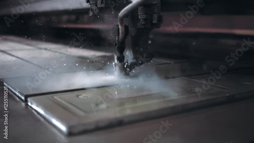 Slow-motion close-up of a metal cutting machine slicing through thick steel, sending sparks and steam into the air in an industrial setting.