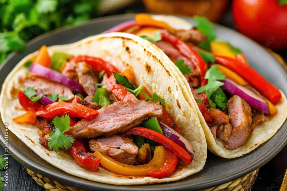 Delicious beef tacos with grilled vegetables, fresh cilantro, and soft tortillas on a rustic plate. Vibrant and appetizing Mexican food close-up. Delicious beef tacos with grilled vegetables, fresh cilantro, and soft tortillas on a rustic plate. Vibrant and appetizing Mexican food close-up.