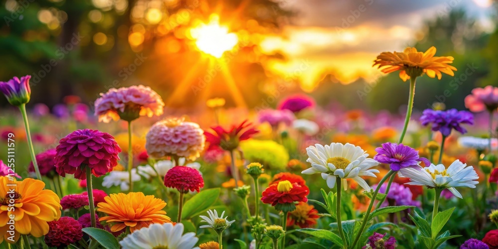 Obraz premium Colorful flowers blooming in a garden at sunset, garden, bloom, garden, bloom, colorful, outdoor, blossom,vibrant colors, nature