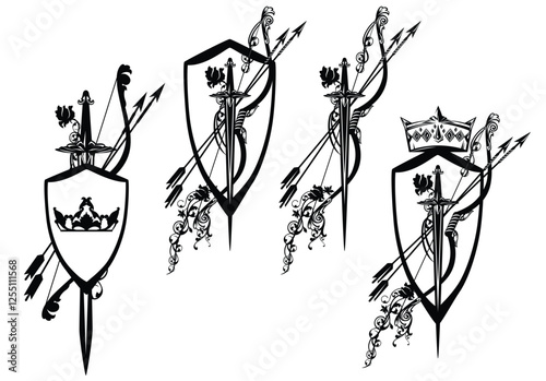 crossed bow and arrows with knight sword, royal crown, heraldic shield and rose flowers - medieval fantasy style archery and security concept black and white vector design set