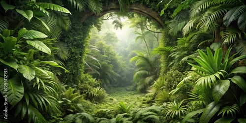 Fototapeta Naklejka Na Ścianę i Meble -  Dense foliage surrounds a large circular opening in a lush green jungle clearing, jungle, earthy tones