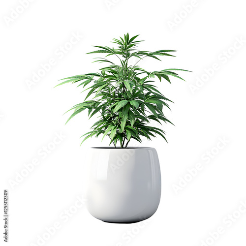 Green plant in a white pot, isolated on black background.  This lush plant thrives beautifully in its modern container.