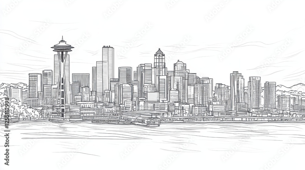 Fototapeta premium Seattle vector line art skyline illustration
