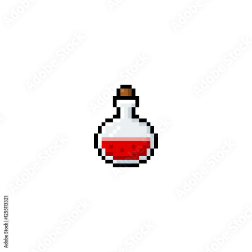 Vector illustration of pixel glass bottle with red liquid. 8 bit.