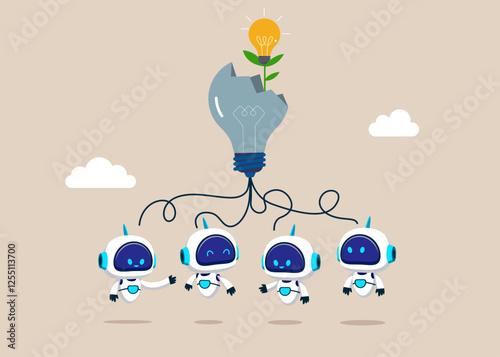 Positive robots are worth under big size lamp think plan. New light bulb from broken light bulb. Motivation to success. Flat vector illustration