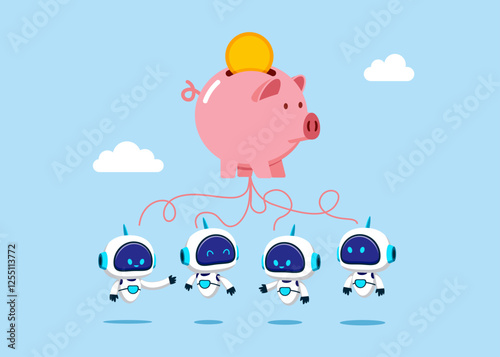 Robots think about money savings.  Modern vector illustration in flat style