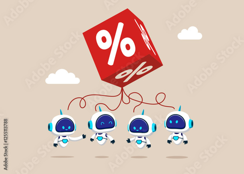 Robots think about interest, financial and mortgage rates. Flat vector illustration