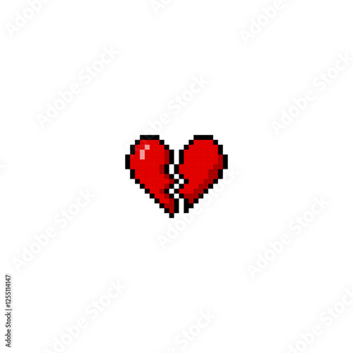 Broken red heart black outline, vector Y2K hurt cracked heart icon in pixel art, unhappy love aesthetic 8 bit symbol