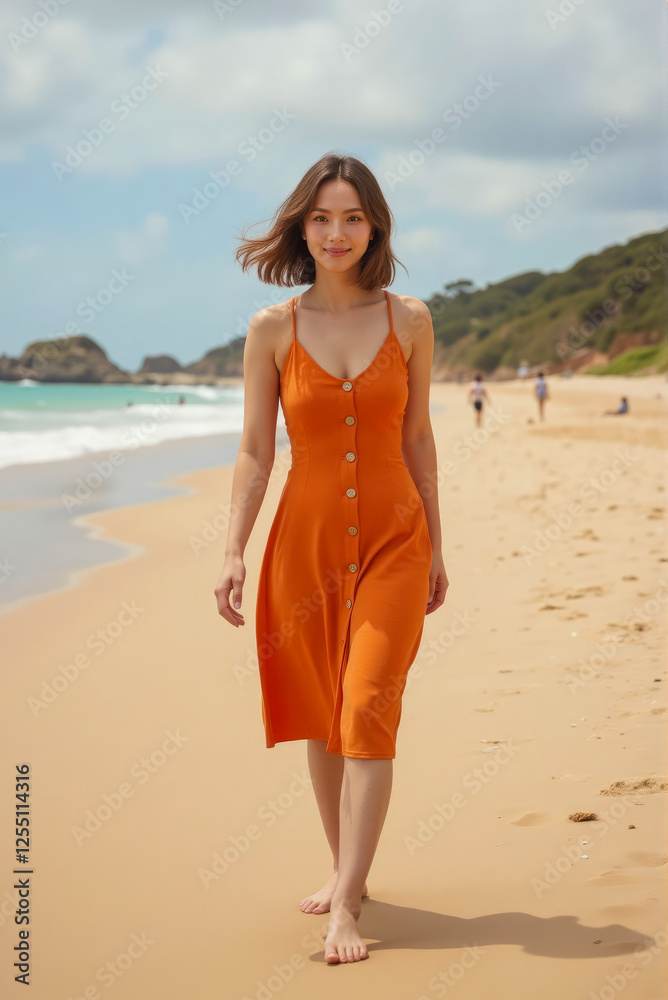 carefree female traveler with wavy black bob hair, dressed in an orange housedress, twirling barefoot on a sunny European coastline carefree female traveler with wavy black bob hair, dressed in an orange housedress, twirling barefoot on a sunny European coastline