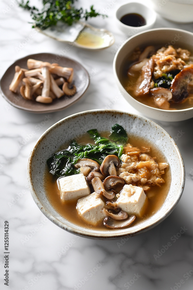 A nourishing bowl of tofu and mushroom soup with fresh spinach in a light broth, served in a rustic ceramic dish on a marble surface. A nourishing bowl of tofu and mushroom soup with fresh spinach in a light broth, served in a rustic ceramic dish on a marble surface.