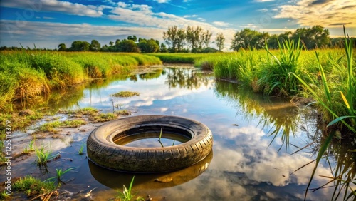 Abandoned tyre filled with stagnant water and overgrown vegetation in a deserted rural landscape , abandoned, tire