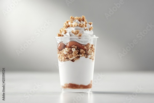 A creative yogurt cup mockup with a layered parfait design, showcasing the product contents in a transparent cup photo