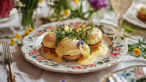 A cottage-core inspired Easter brunch featuring Eggs Benedict on a floral-patterned plate, with vintage glassware and wildflowers scattered around