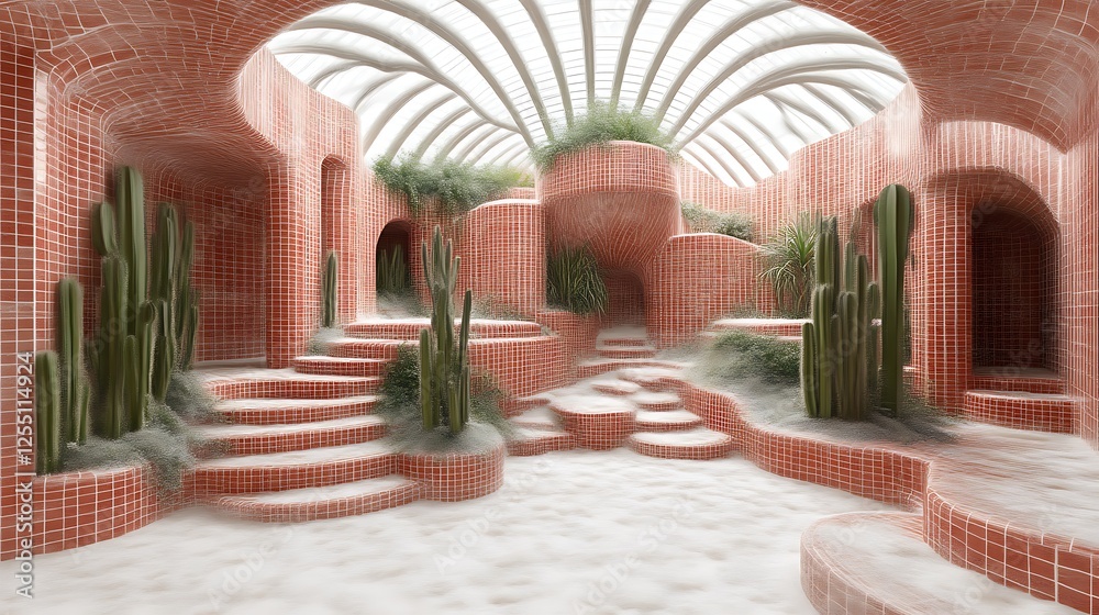 Obraz premium Red tiled indoor garden with cacti and curved architecture