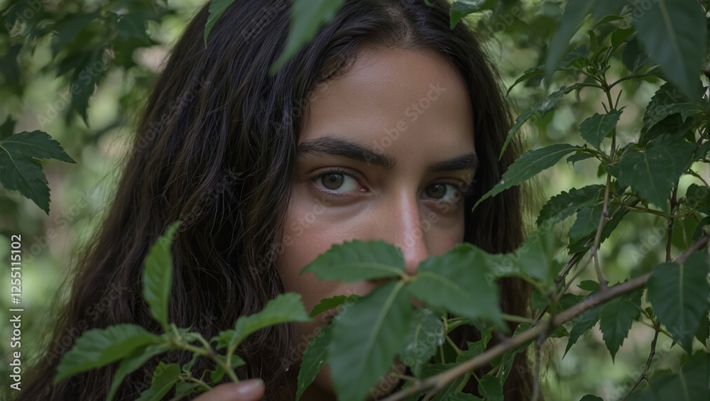 An enchanting image of a womans eye peeking through lush forest leaves evoking curiosity and wonder Perfect for nature and mystery themes An enchanting image of a womans eye peeking through lush forest leaves evoking curiosity and wonder Perfect for nature and mystery themes