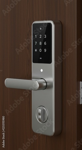 Modern electronic smart lock on wooden door with touchscreen keypad for secure access