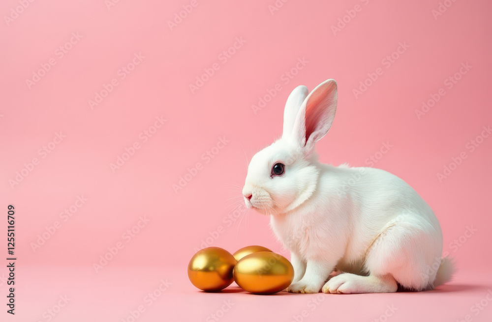 Obraz premium White rabbit sitting next to golden easter eggs on pink background 