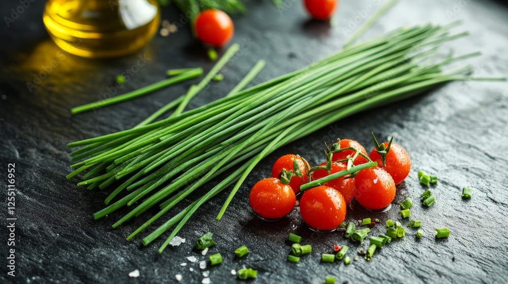 Fresh chives and cherry tomatoes arranged on a dark surface, ideal for culinary use. Fresh chives and cherry tomatoes arranged on a dark surface, ideal for culinary use.
