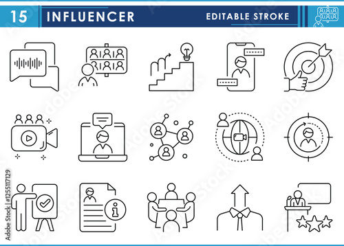 A set of line icons related to Influencer. People, chat, business, talk, influence, learn, knowledge, strategy, development, management, and so on. Vector editable stroke.