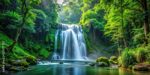 waterfall in dense forest, tree, verdant,  tree, verdant, untamed, overgrown, stunning,waterfall, jungle, outdoor, greenery