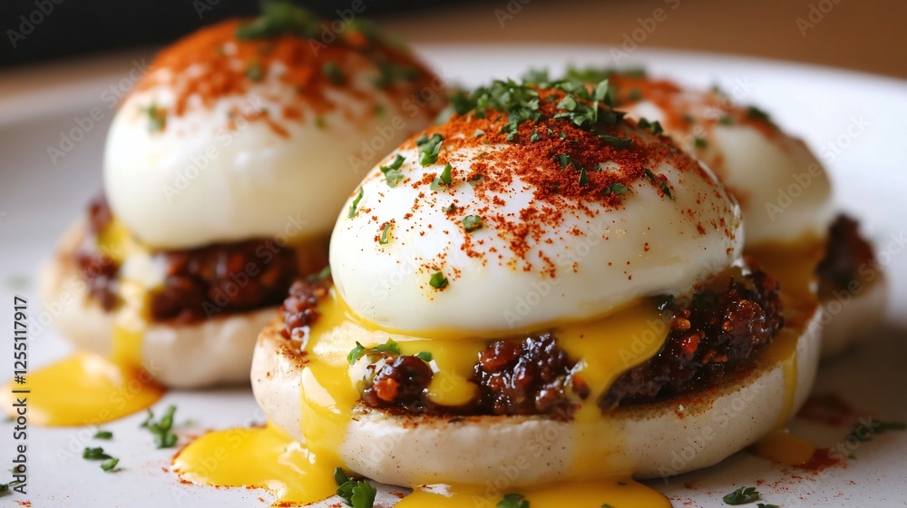 A Moroccan-inspired Easter brunch featuring Eggs Benedict with harissa-spiced hollandaise and a sprinkle of za’atar on top A Moroccan-inspired Easter brunch featuring Eggs Benedict with harissa-spiced hollandaise and a sprinkle of za’atar on top