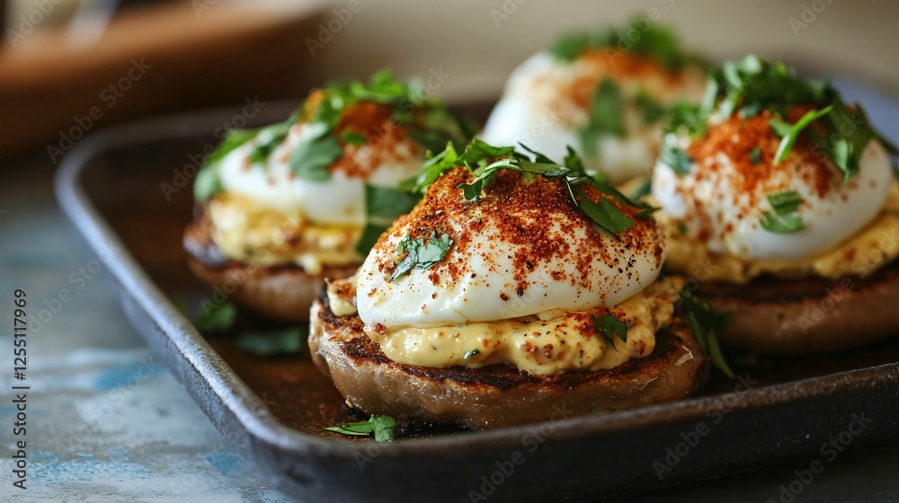 A Moroccan-inspired Easter brunch featuring Eggs Benedict with harissa-spiced hollandaise and a sprinkle of za’atar on top A Moroccan-inspired Easter brunch featuring Eggs Benedict with harissa-spiced hollandaise and a sprinkle of za’atar on top