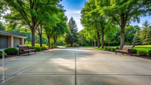 Wallpaper Mural A wide-angle view of a smooth concrete driveway in Des Moines, lined with tall trees and a few benches, creating a sense of comfort and tranquility , driveway, landscape Torontodigital.ca
