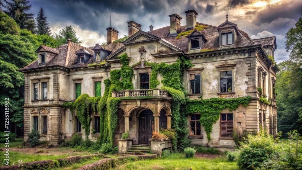 A decrepit mansion with crumbling facade and overgrown vegetation surrounds a neglected garden A decrepit mansion with crumbling facade and overgrown vegetation surrounds a neglected garden