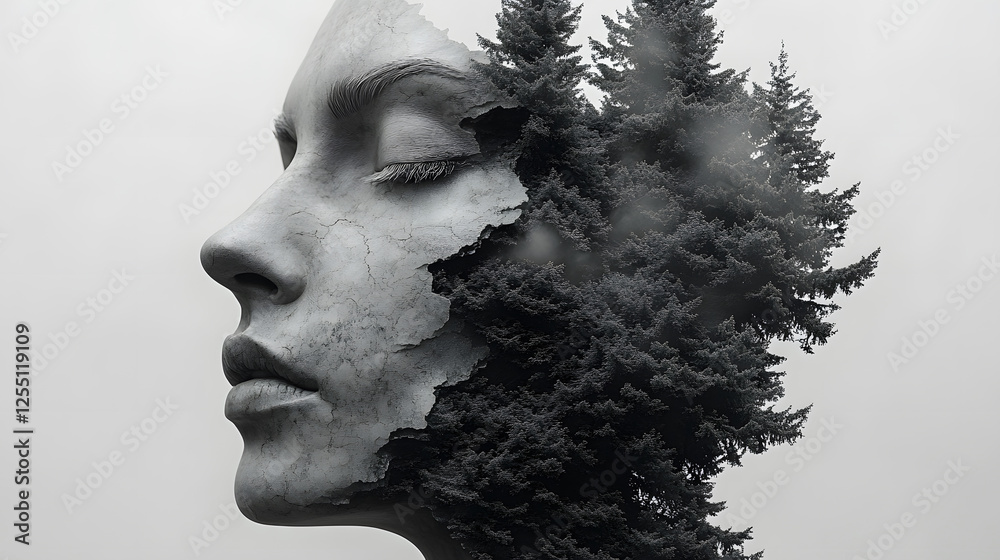 A surreal image blending a tranquil woman's face with lush evergreen trees, symbolizing the connection between nature and humanity A surreal image blending a tranquil woman's face with lush evergreen trees, symbolizing the connection between nature and humanity
